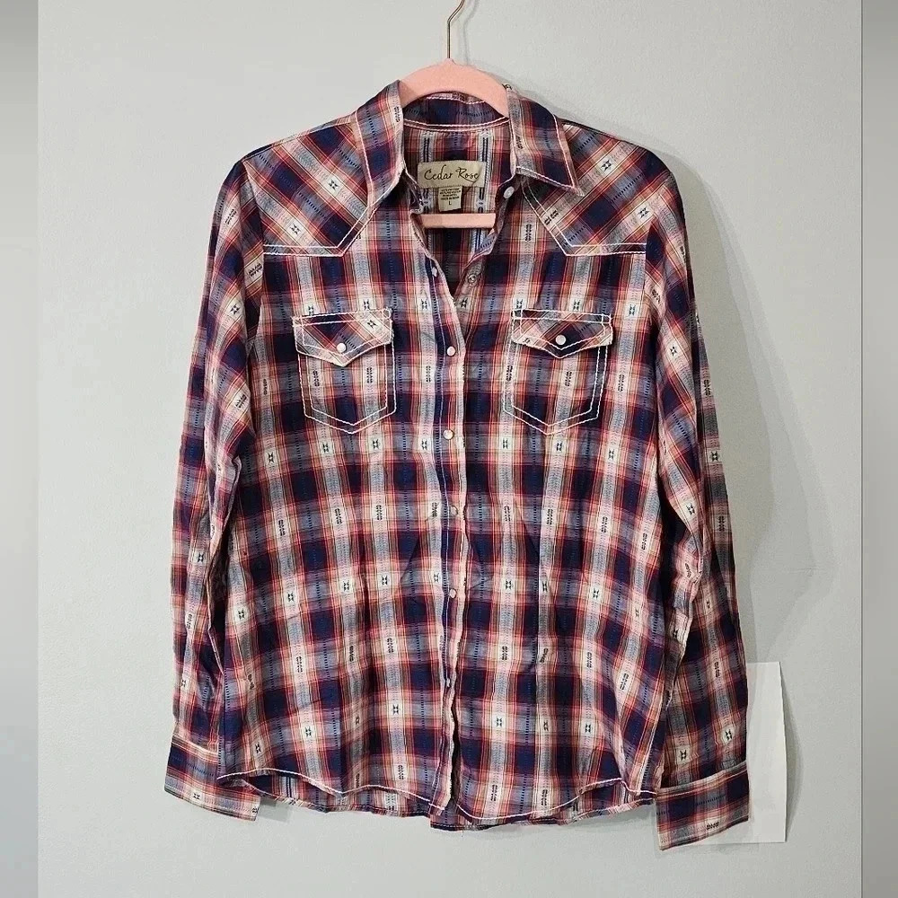 NWOT Cedar Rose Western Plaid Pearl Snap Shirt – Women’s Long Sleeve Boho Top